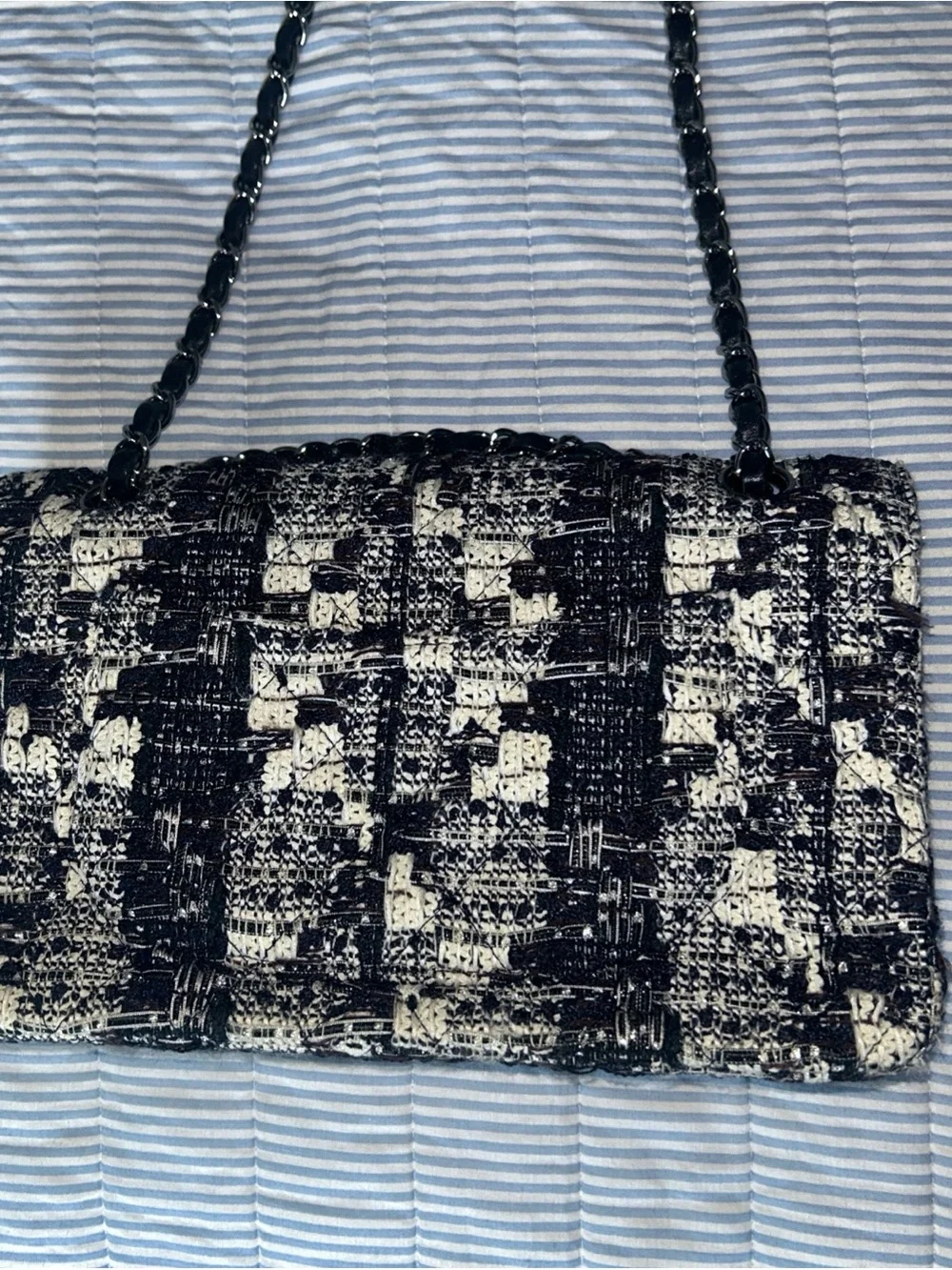 Chanel Navy Black Tweed Double Flap Double Chain Shoulder Bag 25 Silver Chain